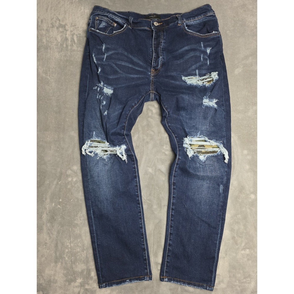 Amiri Jeans Size 38 MX1 Distressed Camo Patch Stretch Skinny Dark Blue Wash...